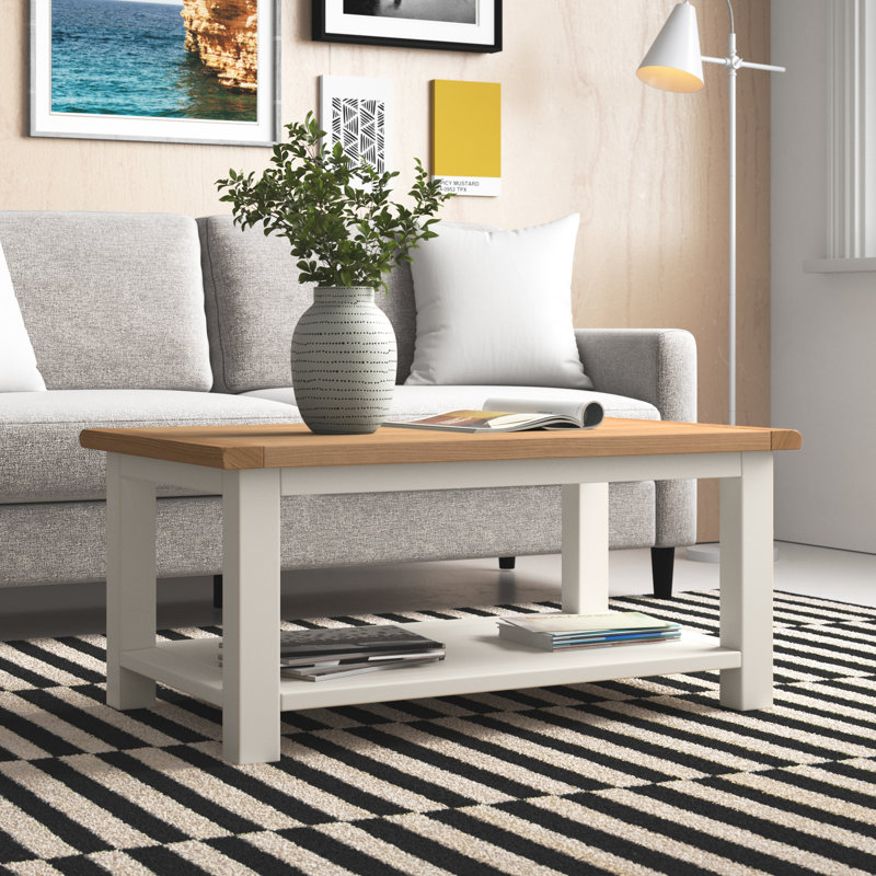 Pompey 4 Legs Coffee Table with Storage, Off-White/Oak Top