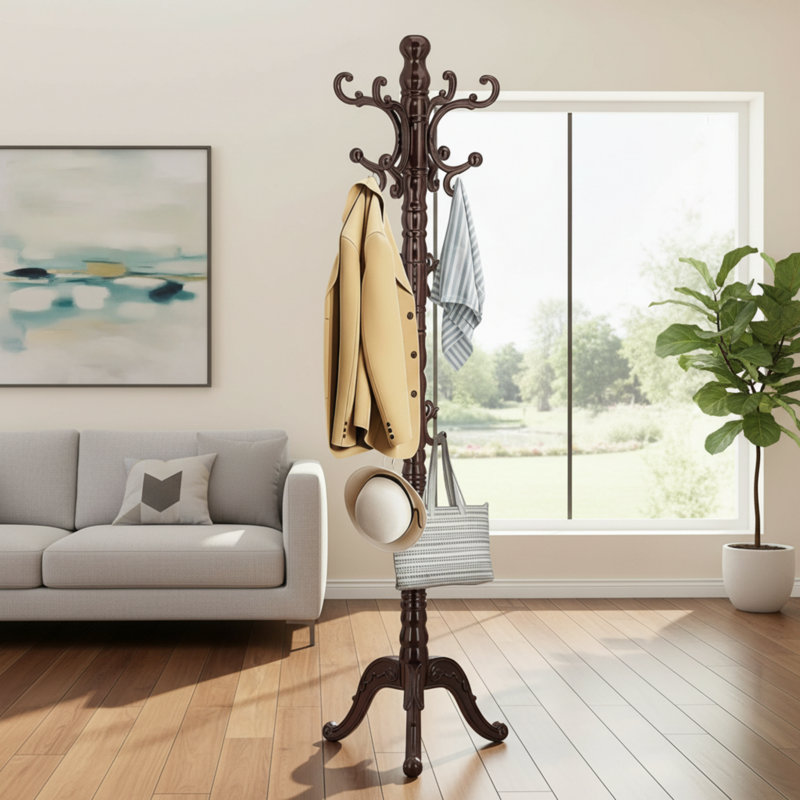 Vintage Birchwood Floor-Standing Coat Rack With A Stable Triangular Base And 14 Hooks. A Classic Design Suitable For Entryways Or Offices.