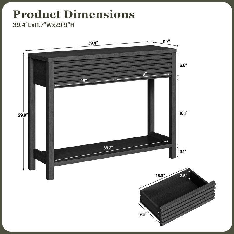 39.4'' Fluted Console Table with Drawers, Narrow Entryway Table with Storage Shelf, Black