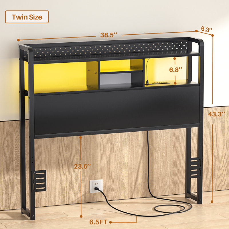 Tête de lit Miljenko avec lumières DEL et station de charge, Lit simple, Noir