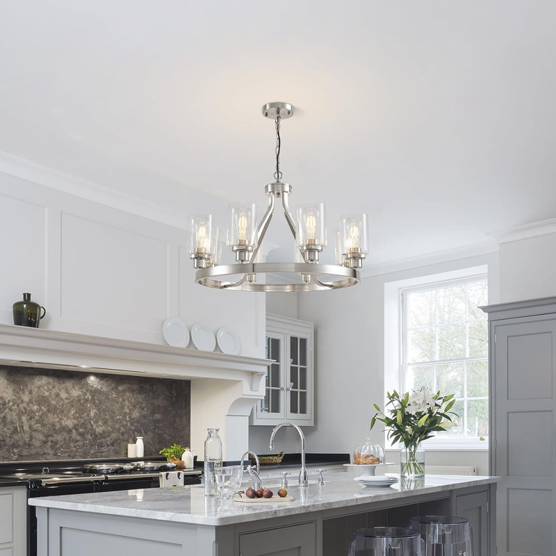 Modern 8-Light Chandelier With Adjustable Height, Brushed Nickel Finish, And Glass Shade For Dining Room, Kitchen, Or Living Room Ceiling Lighting