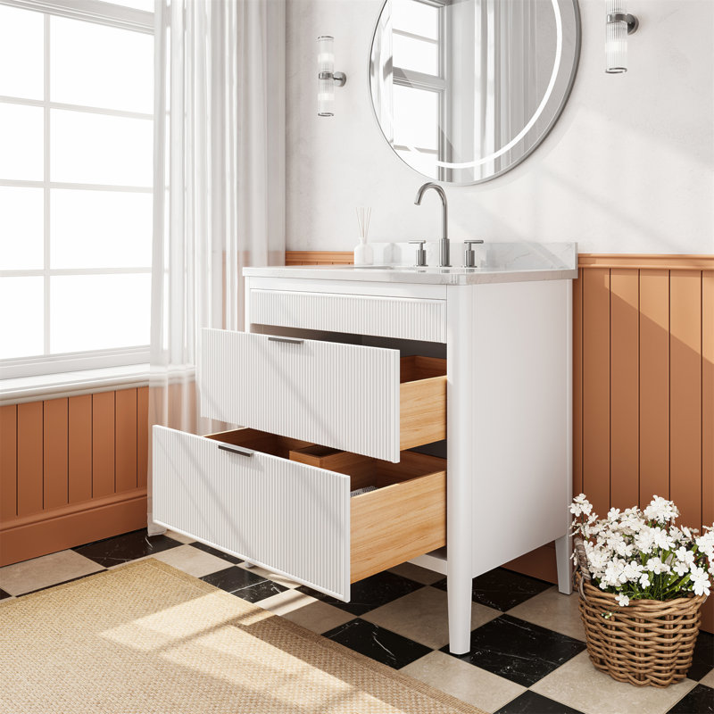 Ensemble de meuble-lavabo autoportant blanc 36 po avec 2 ensembles de poignées et plateau en marbre d'ingénierie entièrement assemblé