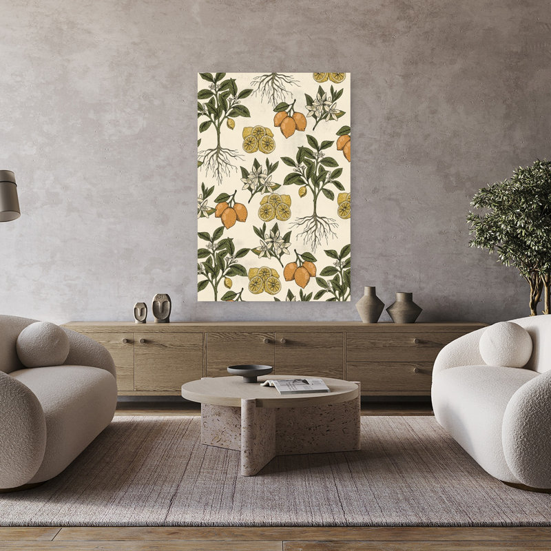 Art mural rétro avec motif botanique de citron, H 48 po x l 32 po