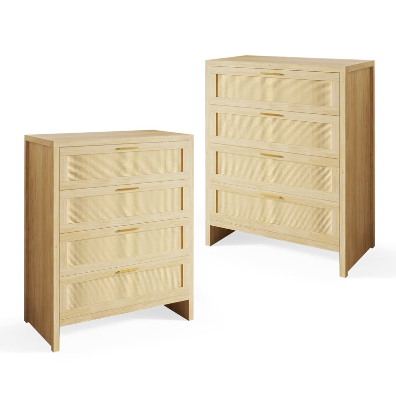Rattan 4-Drawer Chest, Wooden Drawer Dresser, for Bedroom, entryway, Lliving Rooms, Natural Wood (set of 2)
