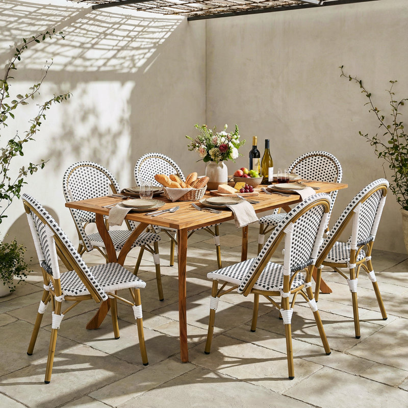 Marseille 7-Piece french Aluminum & Acacia Dining Set With Handwoven PE Rattan Detailing, Black/White Wicker/Bamboo Print