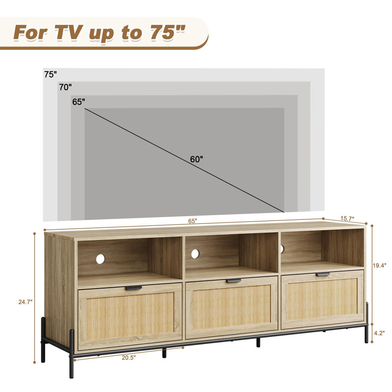 Natural Oak and Rattan TV Stand with Open Shelves and Drawers