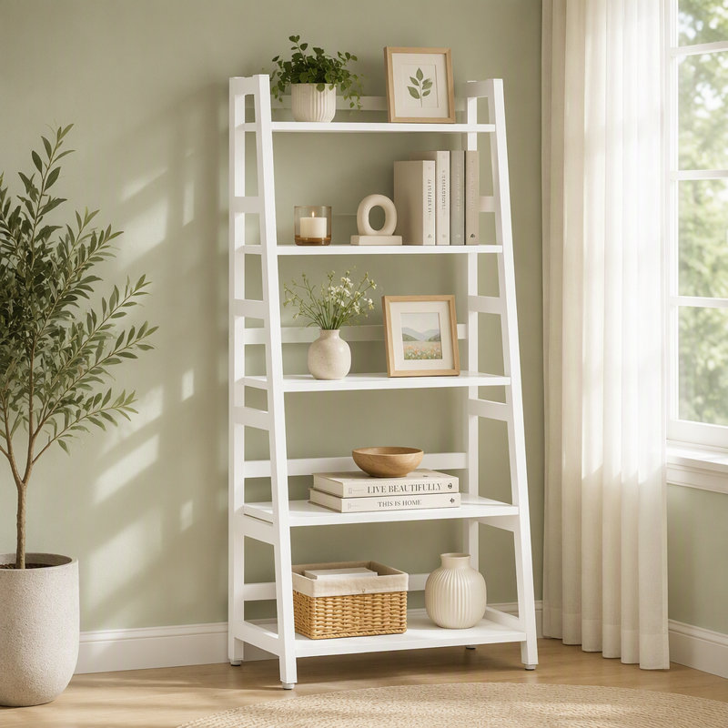 Bibliothèque à 5 niveaux, étagère de rangement échelle, Blanc
