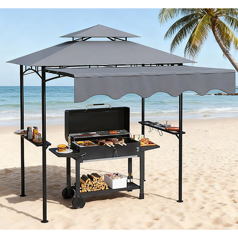Barbecue Gazebo Shelter,Outdoor Grill Gazebo,with Side Awning,Side Shelves and Hooks, Dark Gray