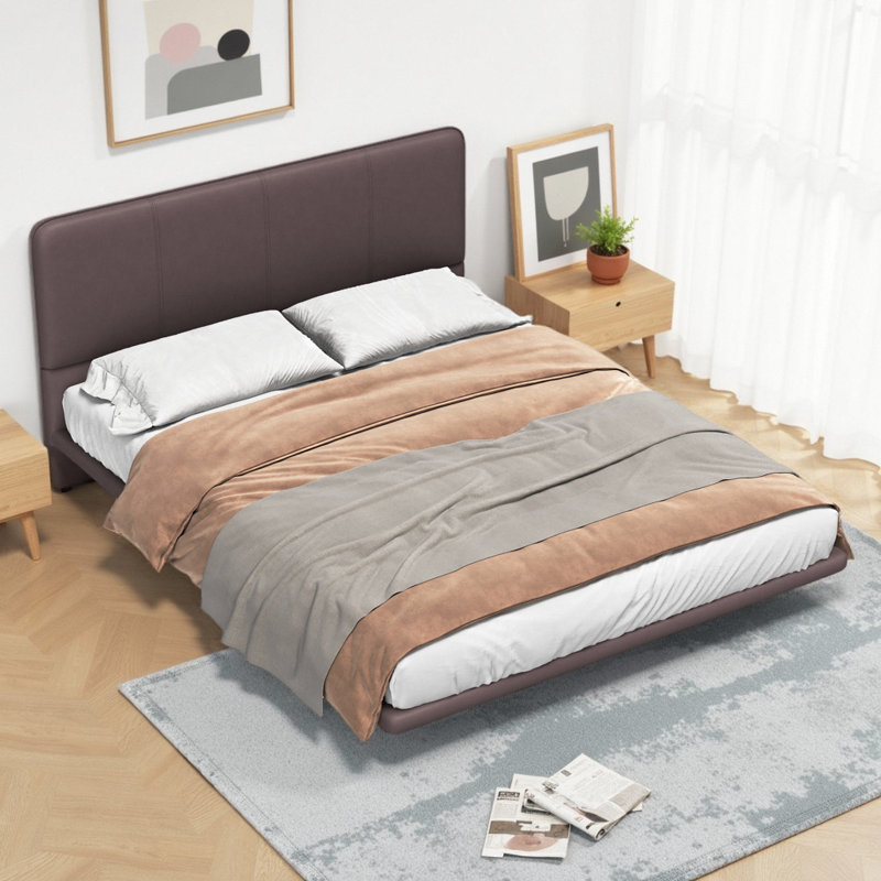 Cadre de lit flottant pour grand lit avec lumières DEL - Lit plateforme moderne en cuir de polyuréthane, aucun sommier nécessaire, éclairage ambiant télécommandé, assemblage facile