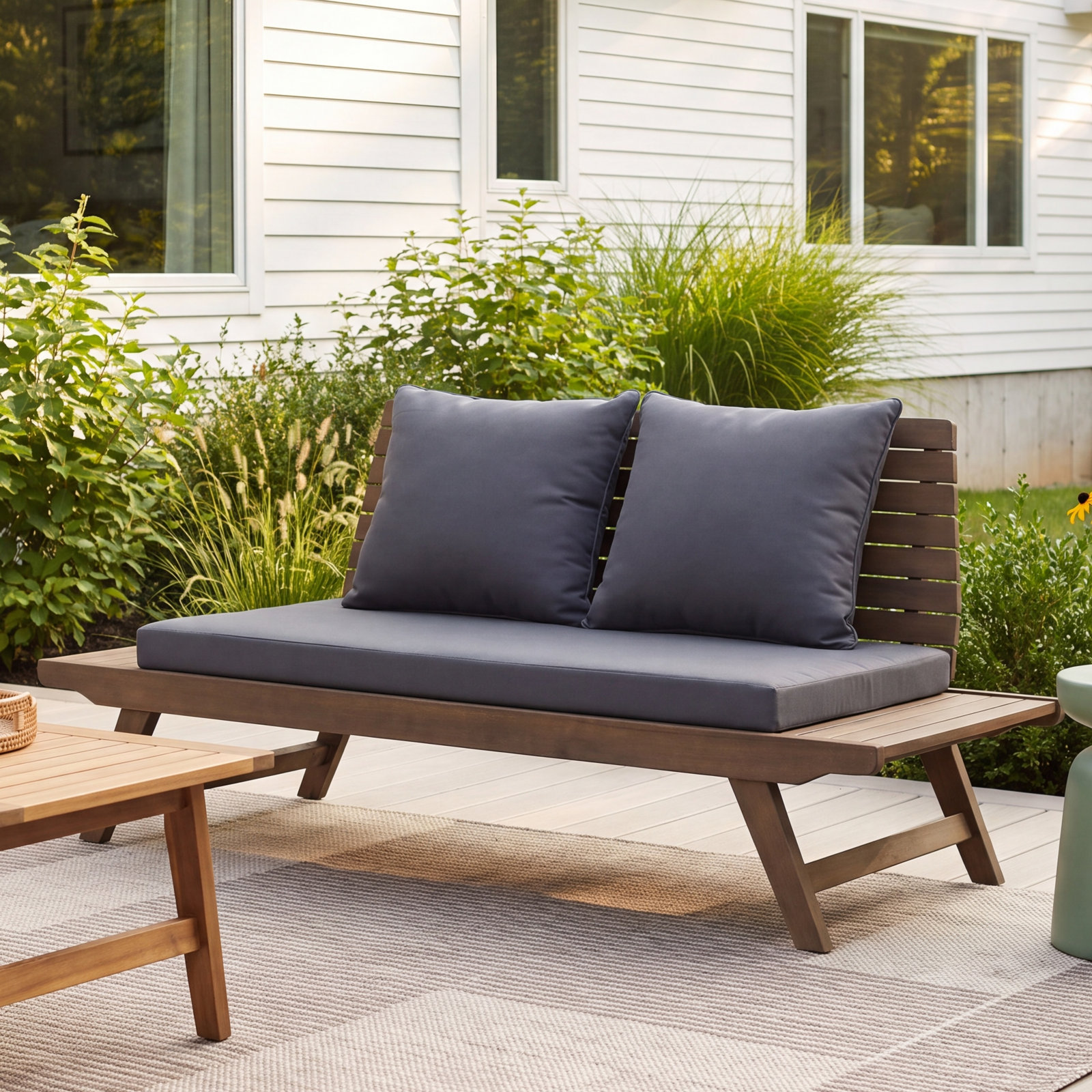 Lavinia 65" Acacia Patio Loveseat, Gray Frame / Dark Gray Cushion