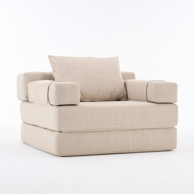 Multi-Function Folding Sofa with High-Density Foam, Linen Upholstery, and Storage Pockets, Cream Linen Blend