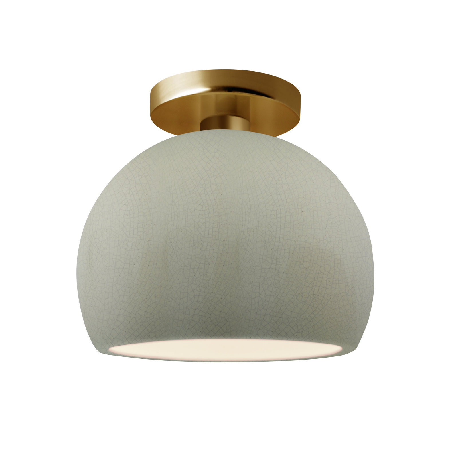 Single Light Ceramic LED Semi Flush Mount, 7" H x 7" W x 7" D, Celadon Green Crackle, Brushed Brass