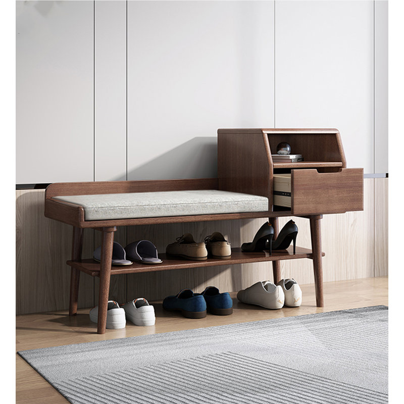 Scandinavian Solid Wood Shoe Storage Bench with Side Drawer