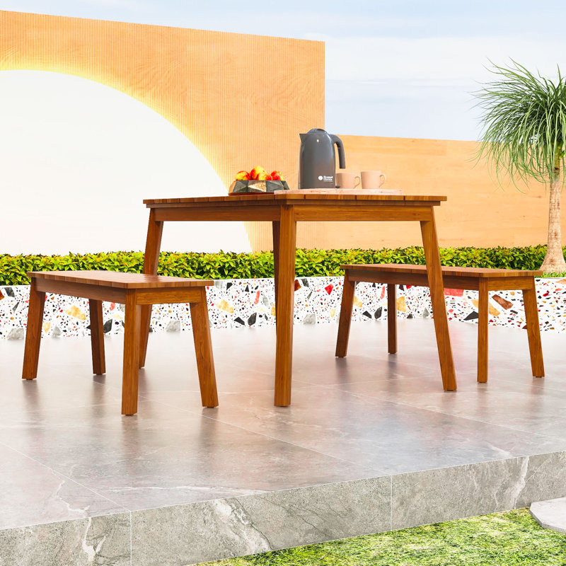 Ensemble de salle à manger 3 pièces en bois d'acacia avec table et 2 bancs pour une utilisation intérieure / extérieure