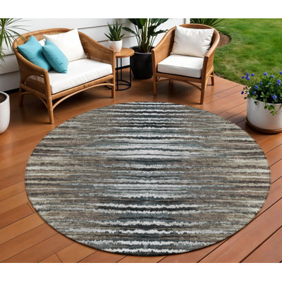8' Brown Taupe And Chocolate Round Striped Washable Indoor Outdoor Area Rug
