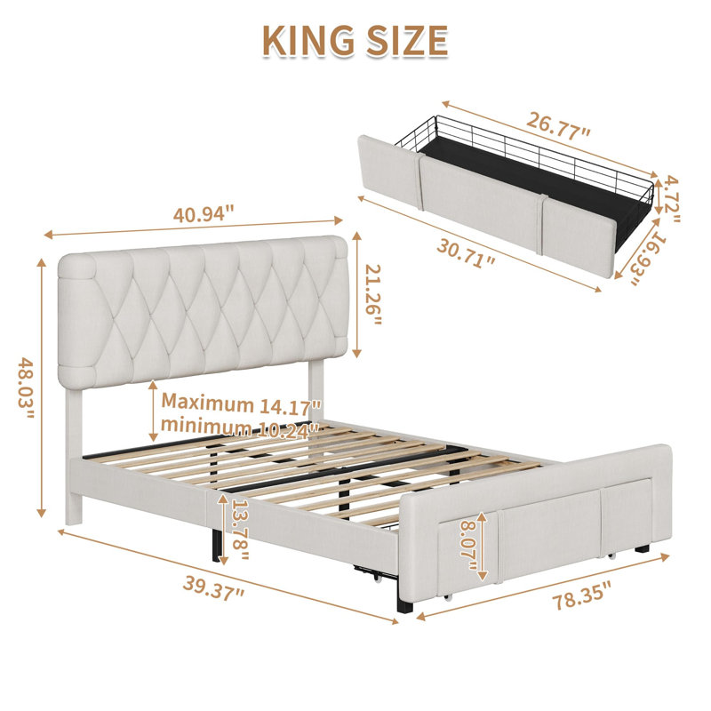 Structure de lit simple, lit plateforme tapissier avec tiroirs de rangement, support à lattes en bois et aucun sommier nécessaire
