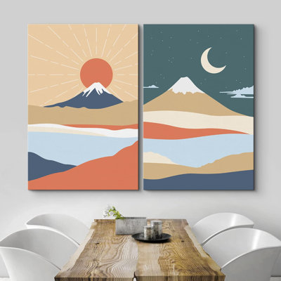 Sun And Moon " Desert Mountain Sun & Moon Abstract Landscapes Nature Shapes Modern Art Colorful " 2 - Pieces