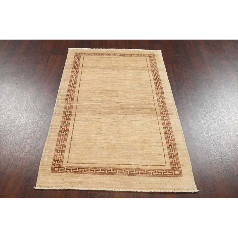 Tapis beige en laine noué à la main de conception unique 3 pi 1 po x 5 pi 3 po New Age