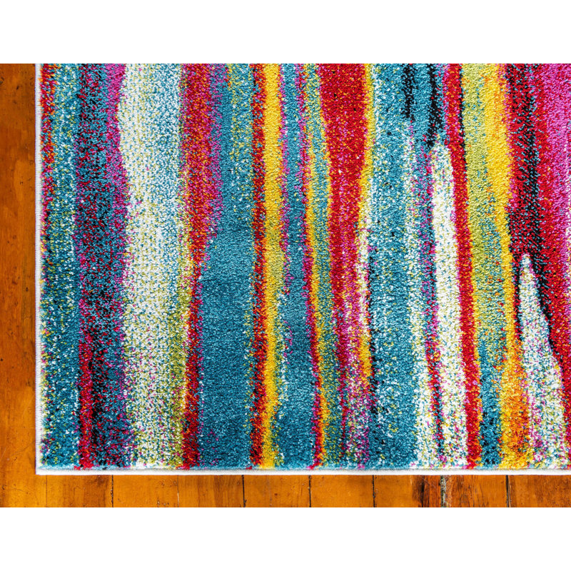 Tapis bleu / rouge à motif abstrait Elvia, Rond 6 pi