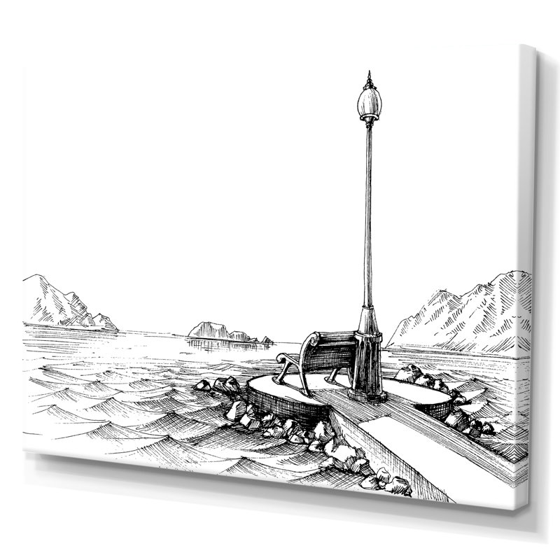 A Bench by the Sea en noir et blanc par Ansel Adams - peinture sur toile, H 24 po x l 32 po, Toile tendue