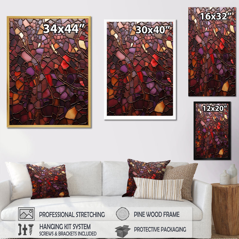 «Mosaic Melt Mulberry», reproduction sur toile abstraite, Cadre flottant doré, H 44 po x l 34 po x P 1,5 po