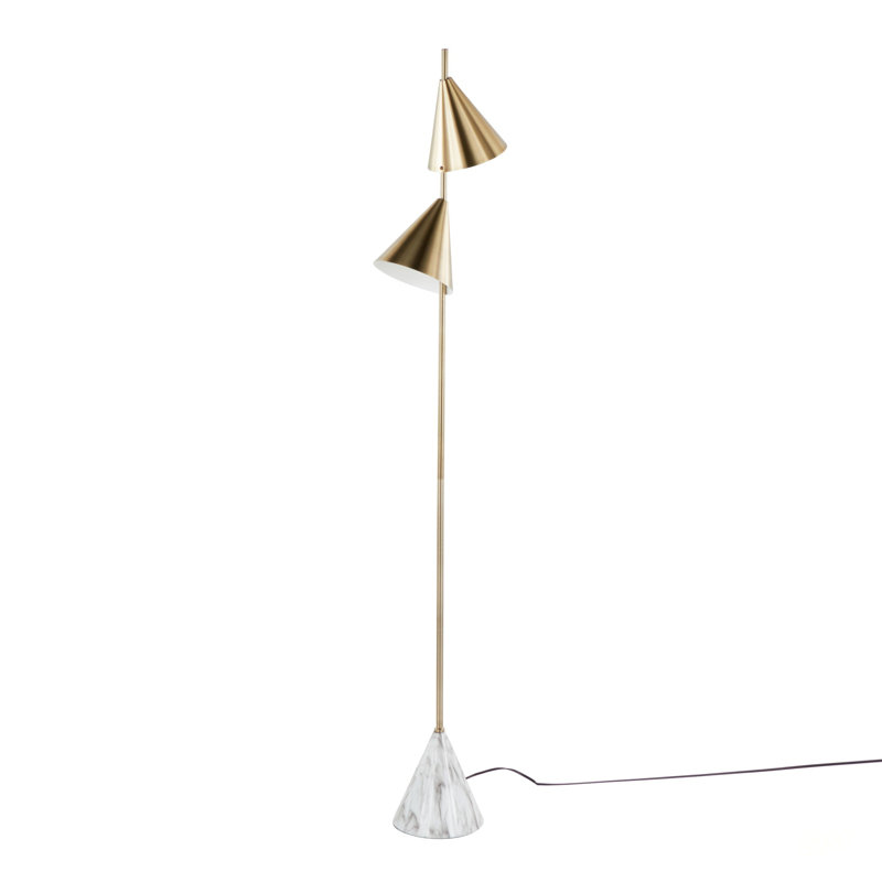 Cone 65 Inch Glam Metal Floor Lamp With Brushed Gold Finish And White Faux Marble Base For Modern Interiors, Gold, Gold