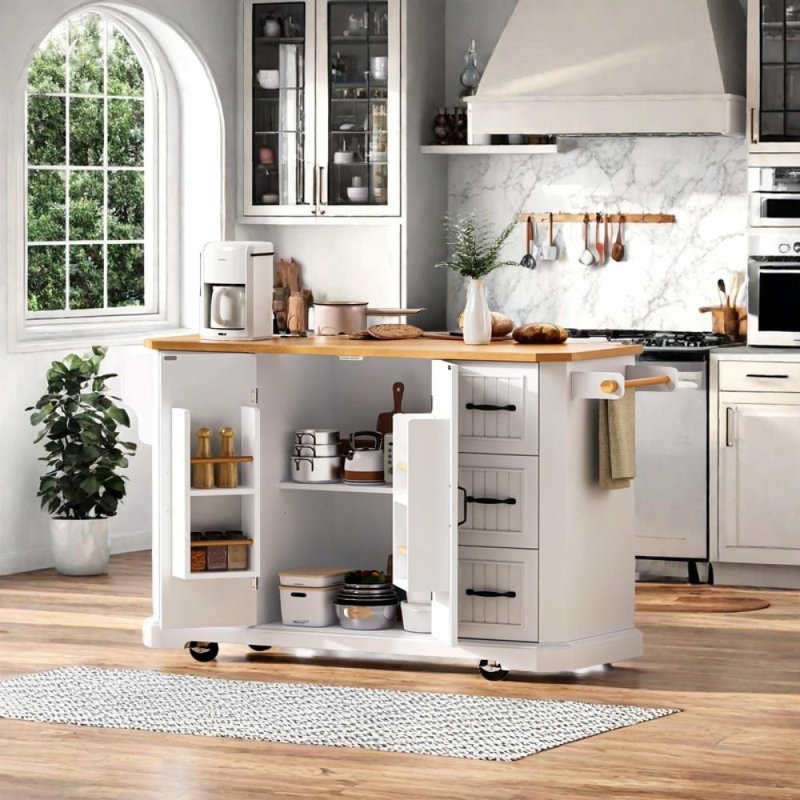 Kitchen Island with Rubber Wood Drop Leaf, White