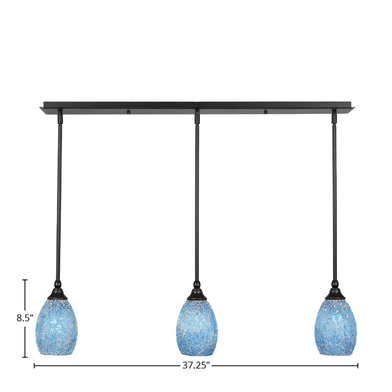 3 Light Stem Hung Linear Pendalier Shown With 5" Fusion Glass, Dark Granite, Turquoise