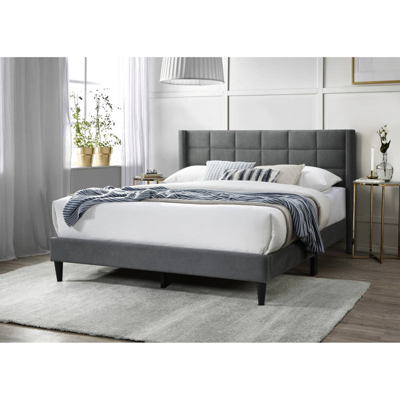 Très grand lit tendance avec tête de lit en lin brossé gris et plateforme tapissier, Gray