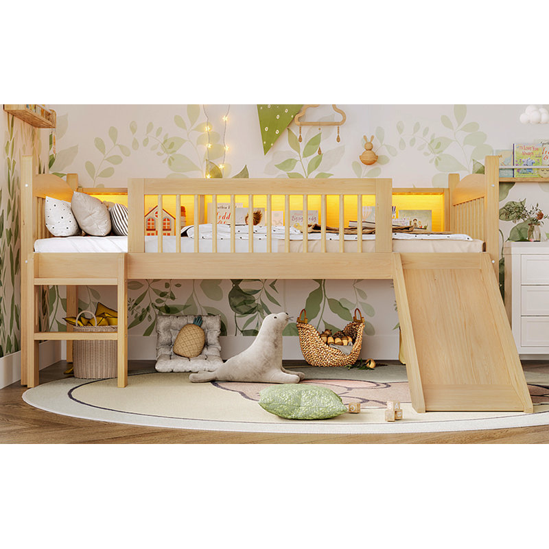 Twin XL Loft Bed With Storage Shelves, Solid Wood Lower Loft Bed With LED Lights And Full-Length Guardrails, No Box Spring Needed,  Natural