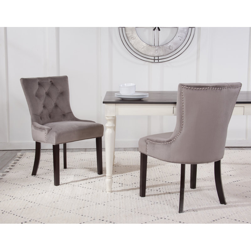 Maliki Diamond Button Tufted Dining Chair with Nail Trim, Velvet Look, Charcoal Gray Velvet