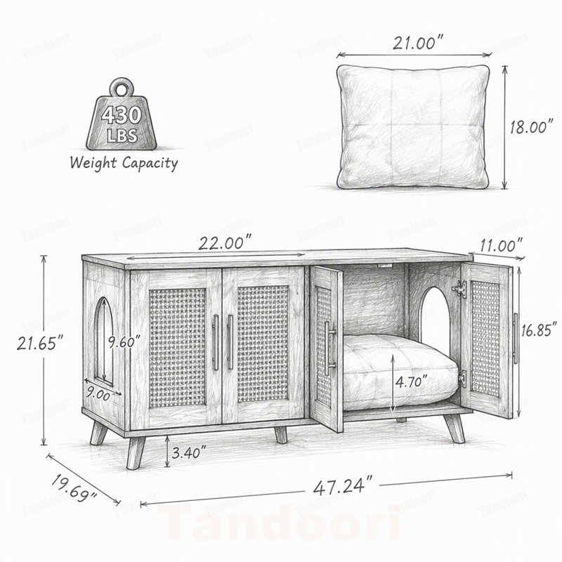 Armoire pour chat d'intérieur en bois d'hévéa avec coussin moelleux, Noyer