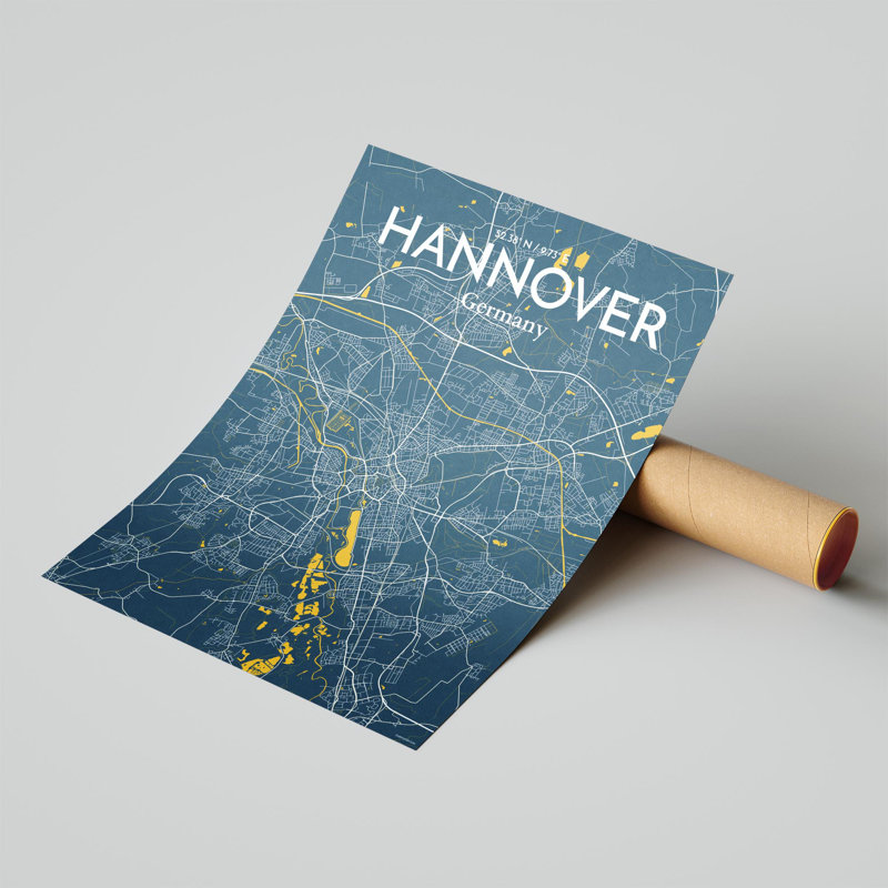 «Hannover City Map», impression, H 24 po x l 18 po, Bleu / Jaune