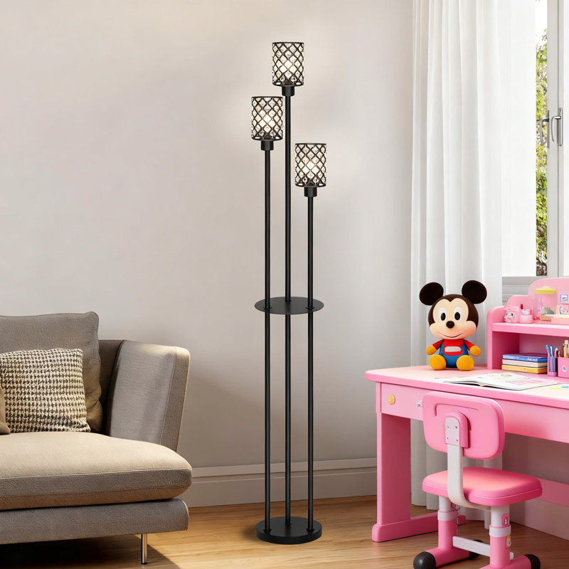 Modern Floor Lamp With Crystal Shade And Built-In Shelf, Mid-Century Standing Lamp With 3 E26 Sockets, 360-Degree Illumination For Living Room, Bedroom, Office