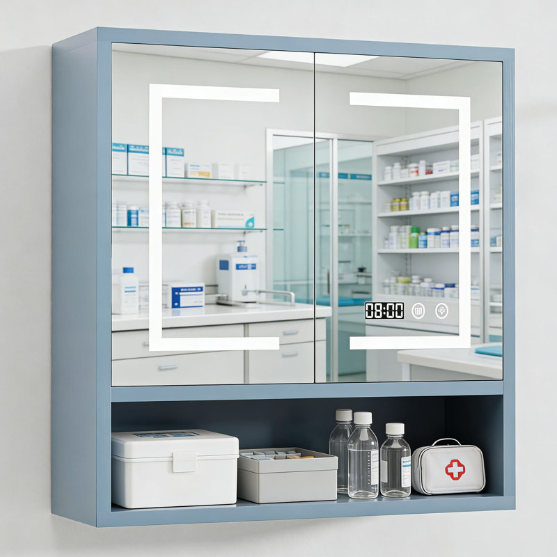 Armoire à pharmacie lumineuse à DEL avec miroir et désembueur, rangement mural avec tablette réglable et portes pour la salle de bain, la salle de lavage ou le salon