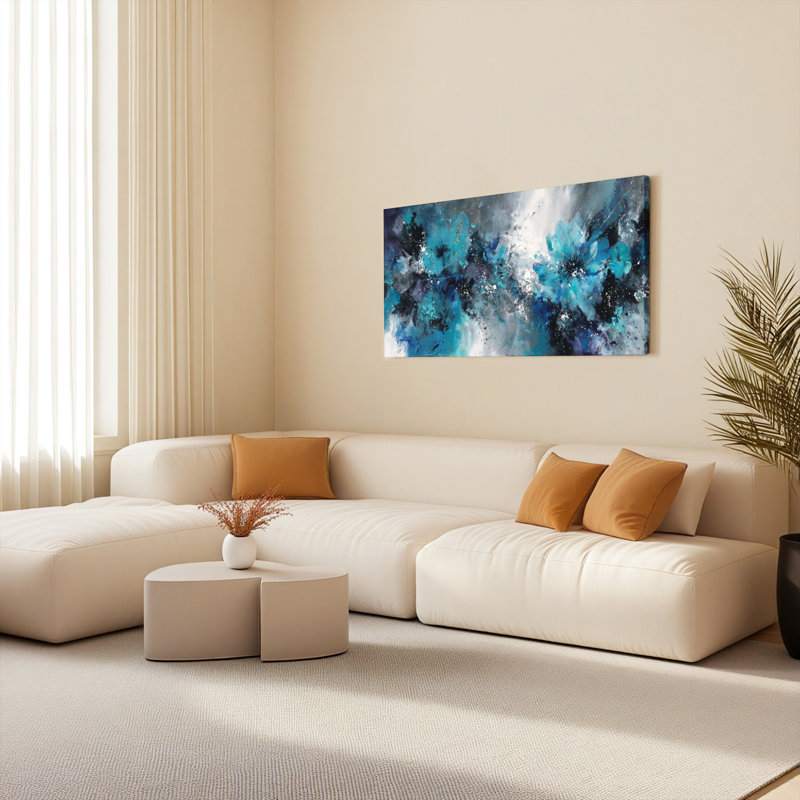 Abstract Blue Floral Canvas Wrapped Wall Art Oil Painting Print Set Of 1, 24" H x 48" W