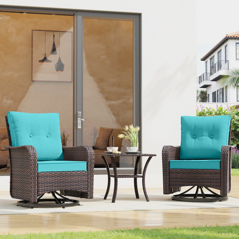  Imalai Outdoor Rocking Swivel Rattan Chair Set Removable Cushions & Coffee Table, Teal