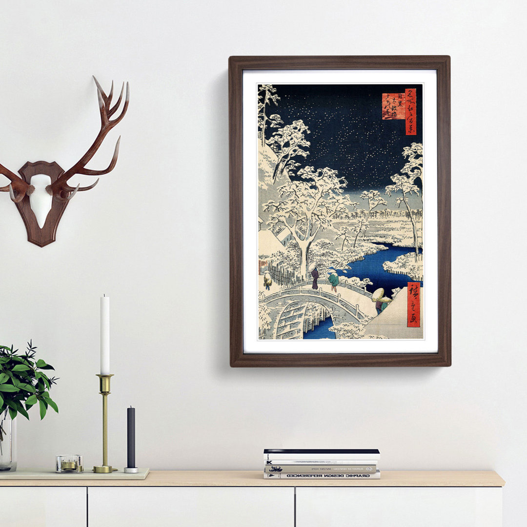 Meguro Drum Bridge and Sunset Hill by Utagawa Hiroshige - Framed Print