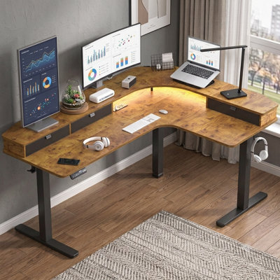 66" Height Adjustable L-Shaped Desk With Power Outlets and 3 Drawers