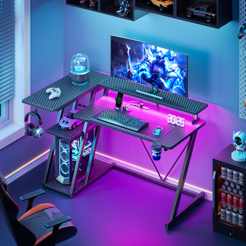 39"W Gaming Desk With Monitor Stand & Cpu Stand,Computer Desk With Power Outlet & RGB LED Lights,Home Office Desk With Cup Holder & Headphone Hook