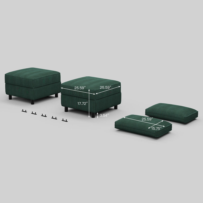 Rangement en velours côtelé 2 repose-pieds pour canapé modulaire et 2 coussins, Velours côtelé vert