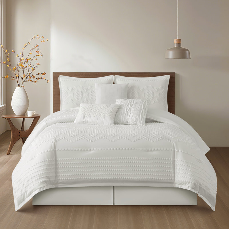 Ensemble d'édredon jacquard géométrique 7 pièces Whki, Blanc, Très grand lit