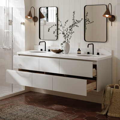   Setsuko 72 Inch Wall-Mounted Double Oval Sink Bathroom Vanity with Carrara White Quartz Countertop 1.5 Inch in Warm White