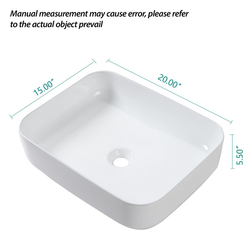 Lavabo de salle de bain vasque rectangulaire en céramique blanche 20 X 15 pouces