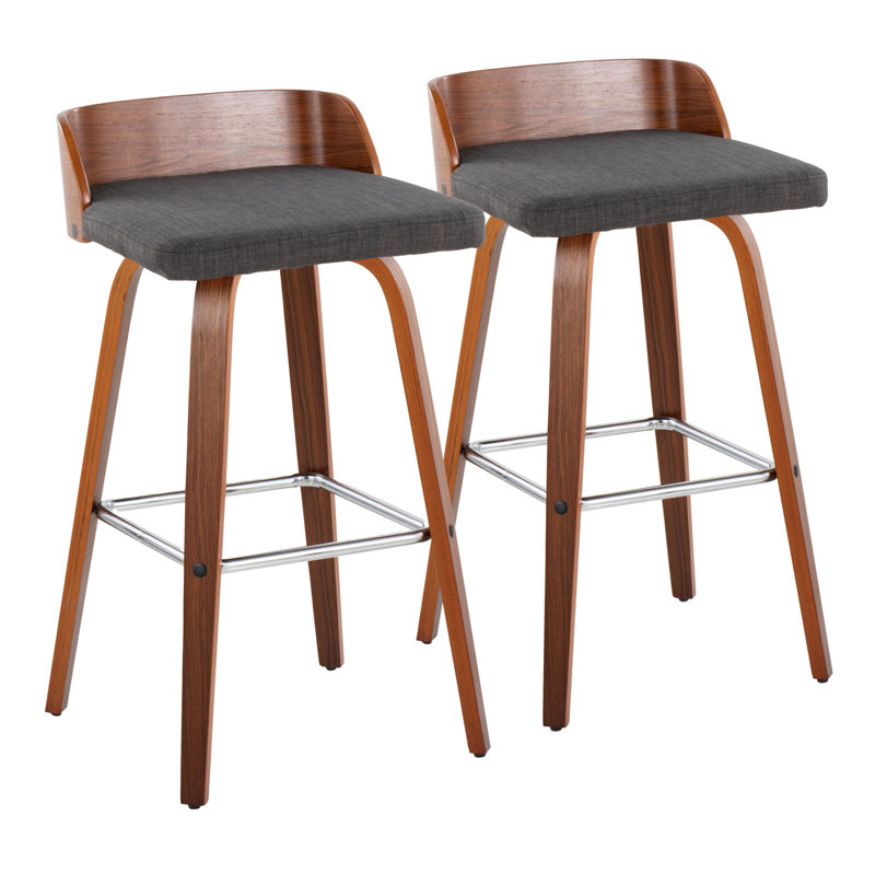 Maya 30" Mid-Century Modern Fixed-Height Barstool With Swivel In Walnut Wood And Charcoal Fabric With Square Chrome Metal Footrest By Lumisource - Set Of 2