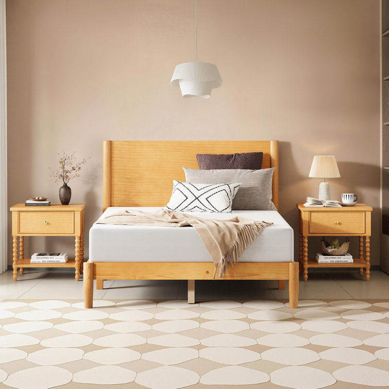 Structure de lit simple en bois massif Mid Century avec support en lattes de bois, naturel, Naturel, Lit simple
