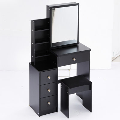 Black Vanity For Restricted Areas With Cushioned Stool, Large Sliding Mirror, Multi-layer Storage Options Cabinet Stool & Small Bedrooms, Black, , , Ul Listed Design