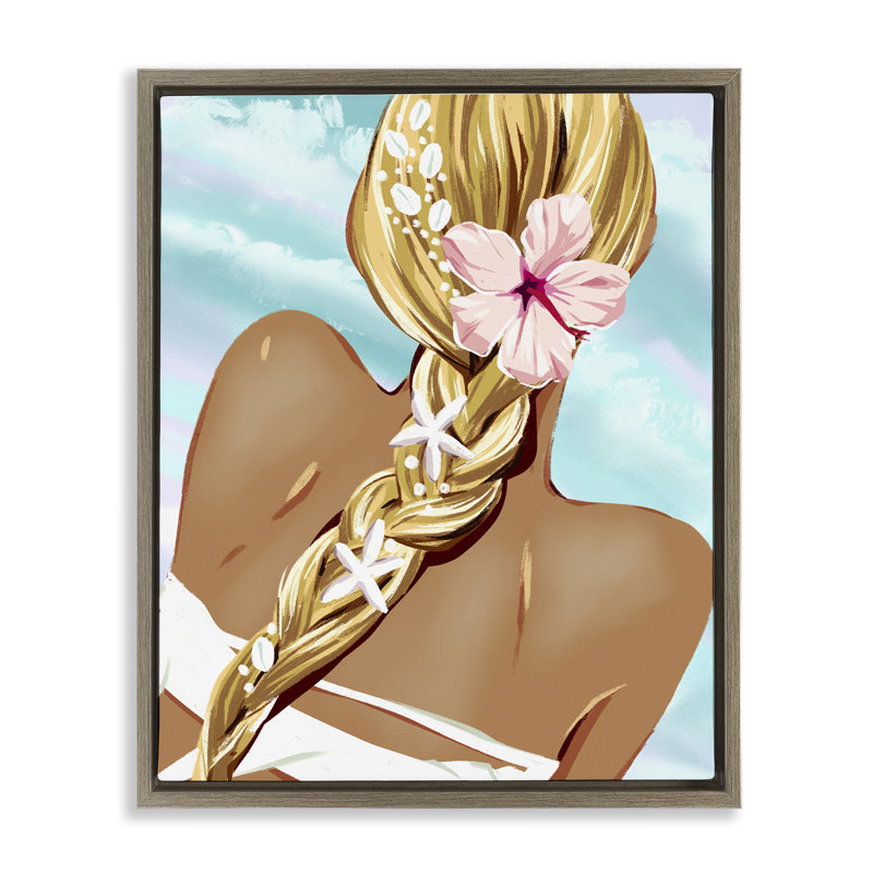 «Beachy Girl with Florals», art mural encadré par Ziwei Li, Cadre flottant orme Montalcino, H 21 po x l 17 po