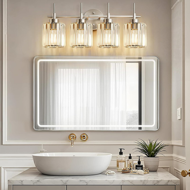 Luminaire de meuble-lavabo en cristal, miroir de salle de bain 4 lumières au fini nickel brossé, applique murale ronde moderne pour la salle de bain, le salon et le vestibule