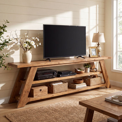 Meuble télé en bois massif de 63 pouces, console multimédia en forme de A avec 2 étagères de rangement ouvertes, centre de divertissement rustique pour salon